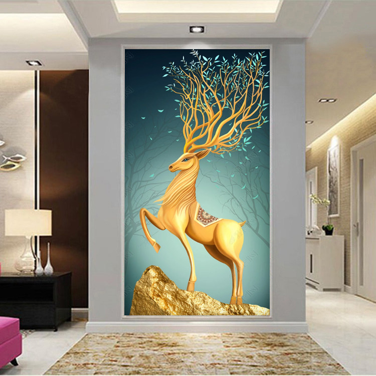 一鹿生财轻奢玄关背景墙壁纸装饰壁画进门门墙无纺布墙纸