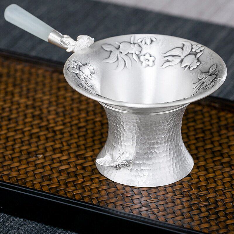 纯银茶托功夫功夫茶茶具配件手工纹银茶漏托架茶托