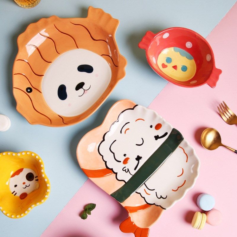 网红日式卡通陶瓷碗碟套装儿童饭碗创意个性家用碗