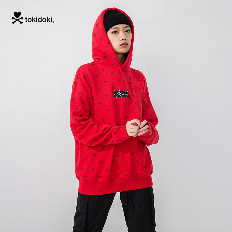 tokidoki2022新年设计卫衣女红色色带帽印花时尚街头卫衣
