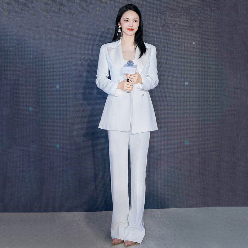 欧美高端姚晨同款主持人明星职业气质修身西服ol白色西装套装女
