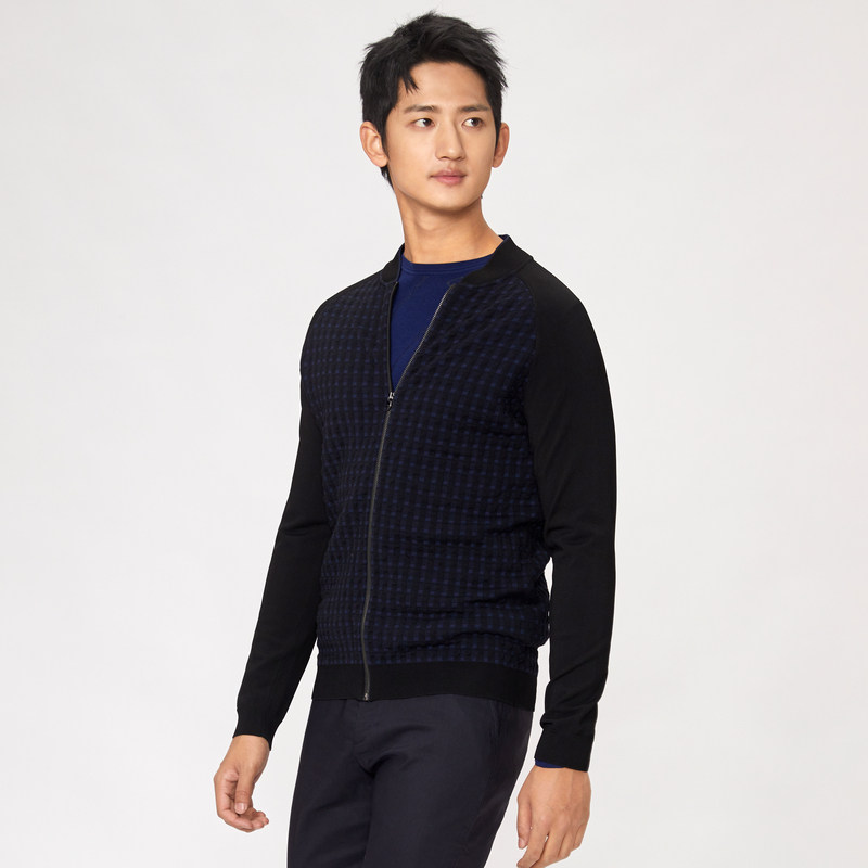 棒球领格纹提花插肩长袖商场同款朗维高男装针织开衫lavico