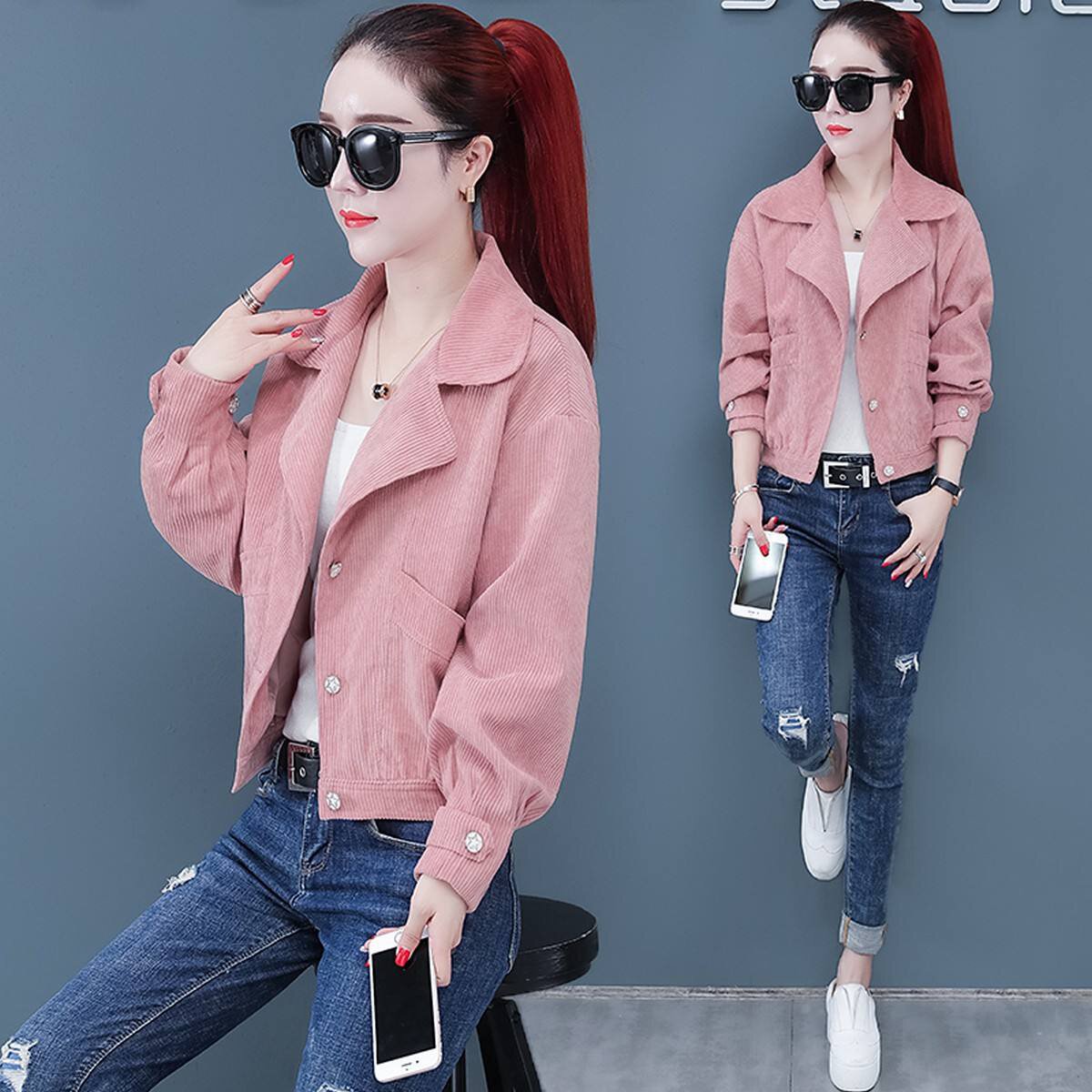 2020年早秋灯芯绒夹克小西西装短款女士外套上衣手帕