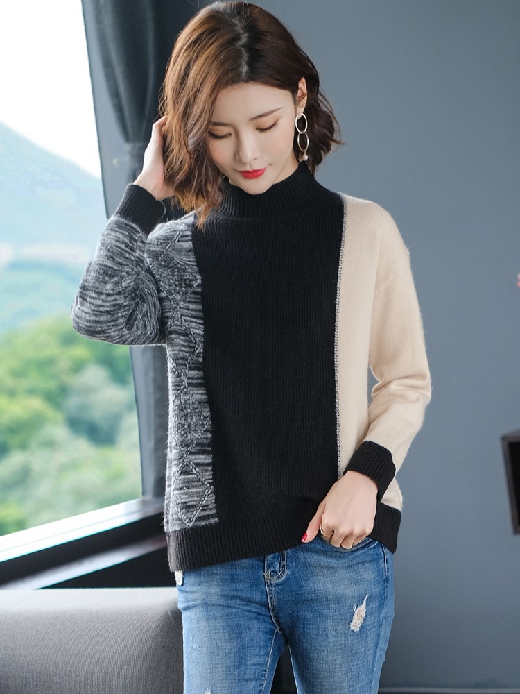 毛衣2020年新款女短款外穿洋气宽松拼色半高领加厚针织打底衫秋冬