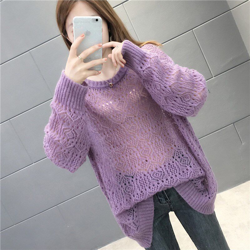 早秋慵懒镂空马海毛毛衣女薄款套头罩衫宽松外穿毛针织衫
