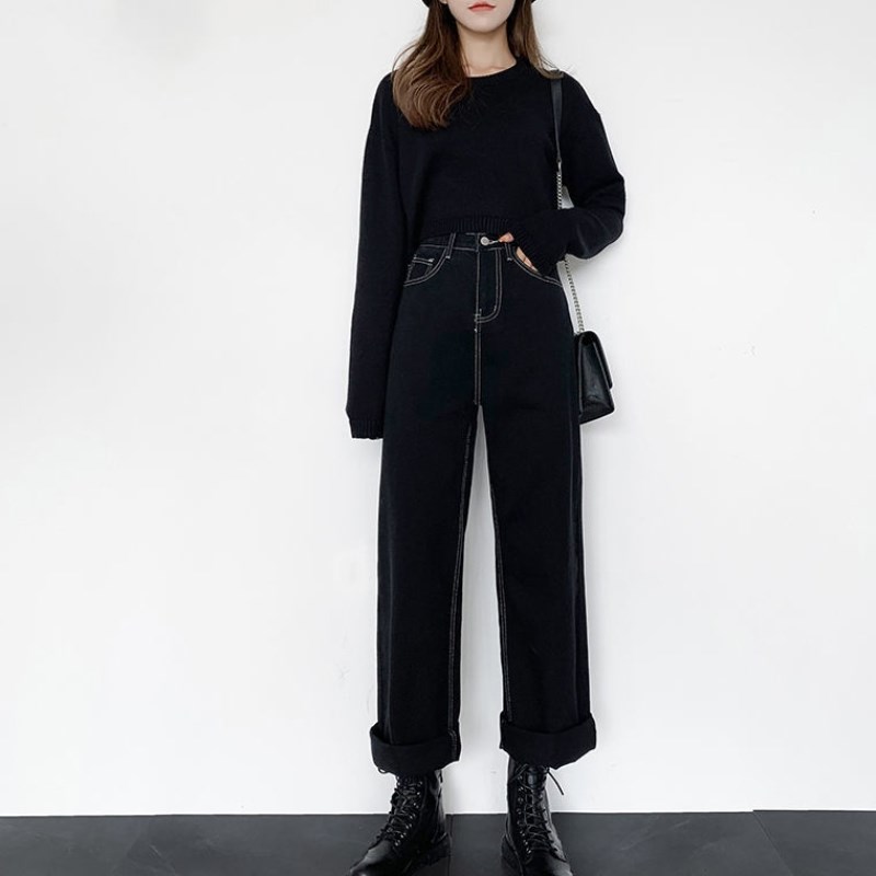 黑色牛仔裤女百搭显瘦裤子直筒高腰宽松学生秋季新款加绒阔腿韩版