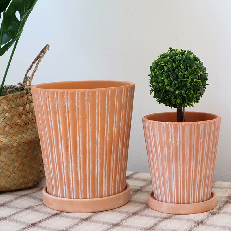 斜身竖纹红陶花盆多肉植物粗陶陶土绿植盆栽花盆
