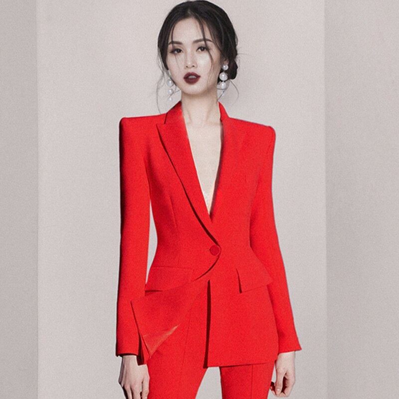 高级红色职业西装套装女会讲师演讲服装新闻礼服
