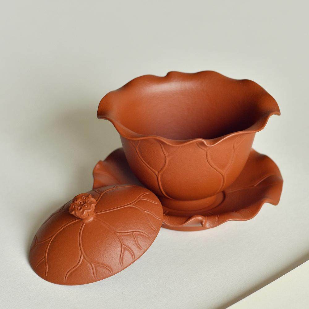 日本fj手工紫砂三才盖碗莲叶仿生文人茶杯盖碗