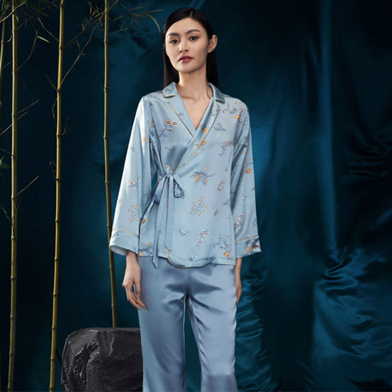 睡衣皇锦真丝100%桑蚕蚕丝分身翻领斜襟家居服睡衣