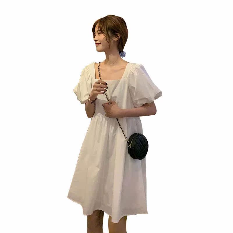 法式方肩泡泡袖白色连衣裙收腰大方领小白裙小个子赫
