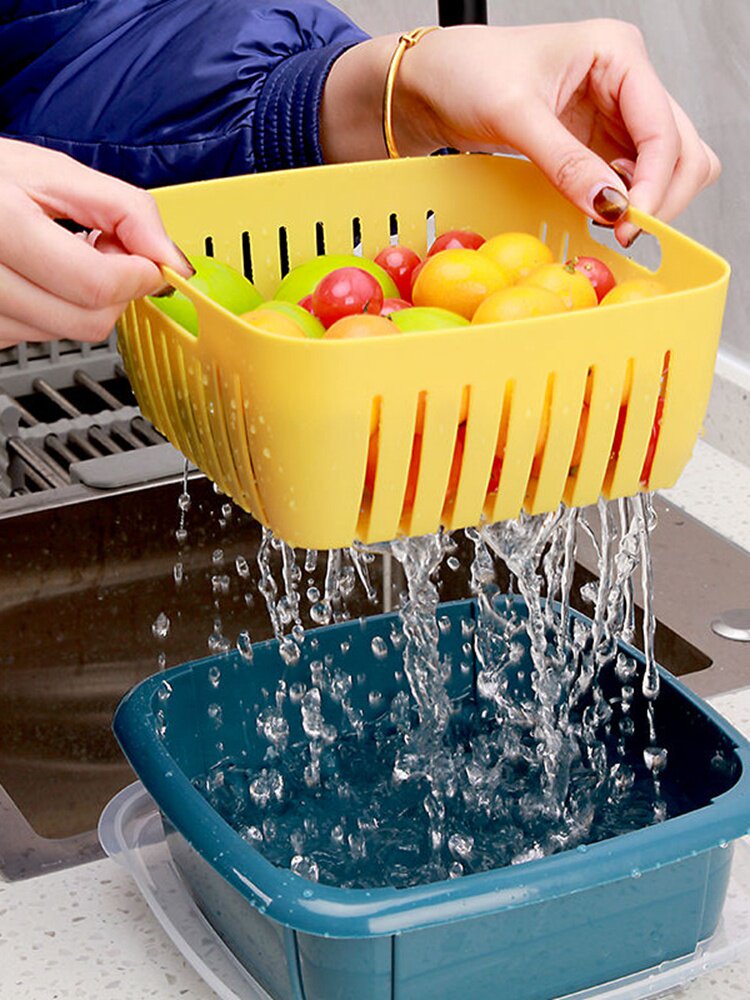 双层洗菜盆沥水篮带盖厨房家用洗水果蓝洗菜篮塑料保鲜盒冰箱收