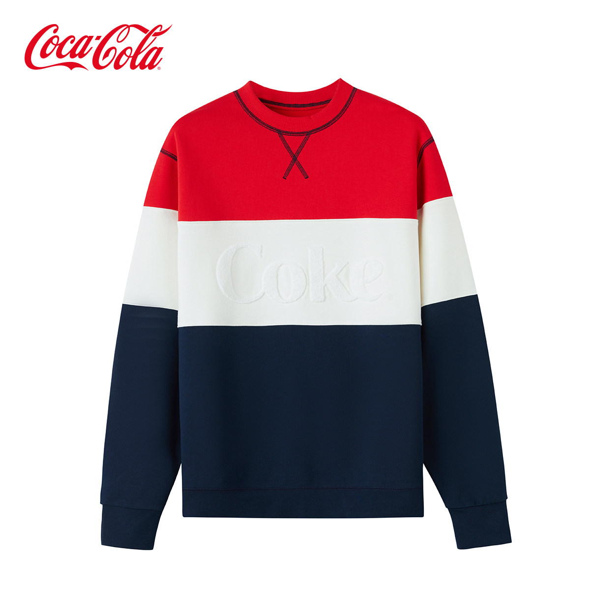 cocacola可口可乐官方方卫套头撞色条纹毛巾logo休闲卫衣