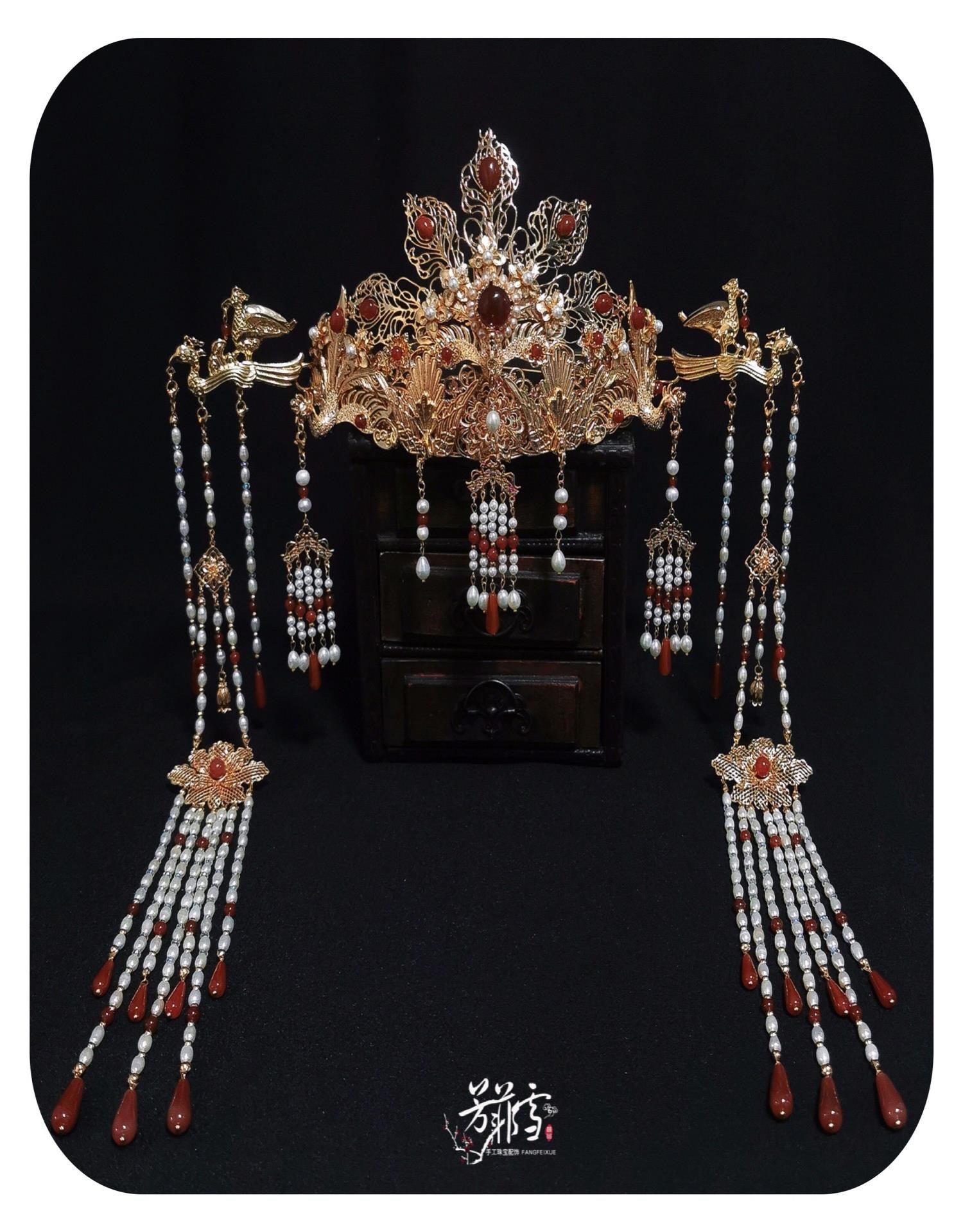 汉服套装珍珠婚嫁流苏芳菲百鸟朝凤手工头饰冠牌发饰