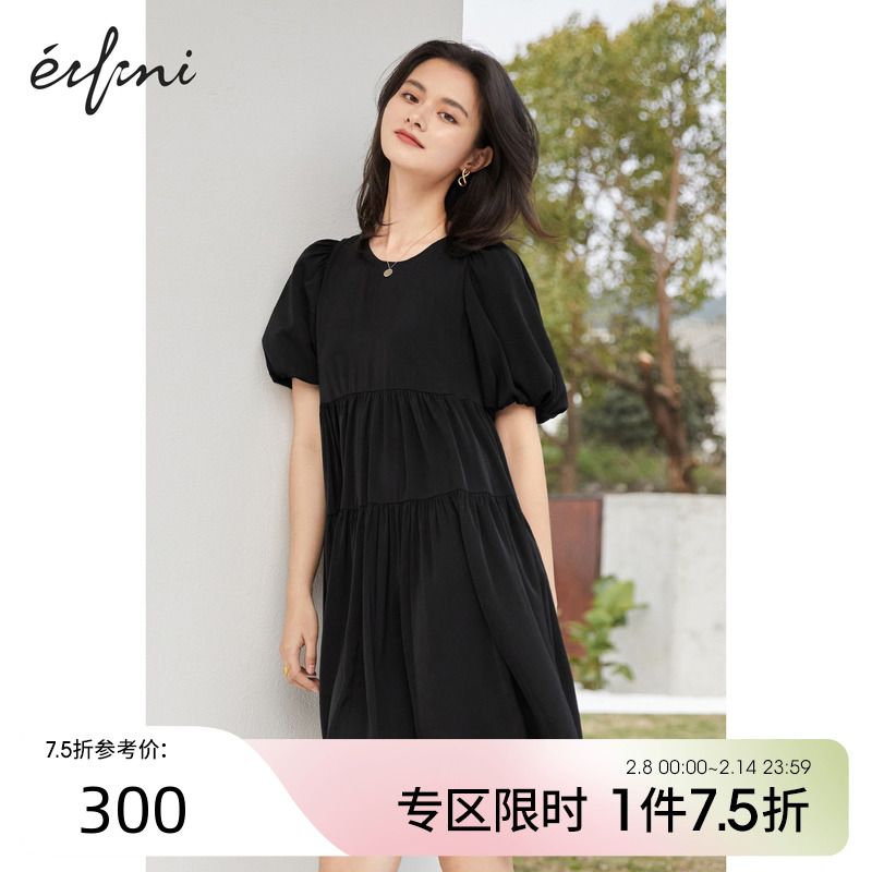 伊芙丽黑色泡泡袖连衣裙2022年新款夏季减龄娃娃裙可盐可甜裙子女