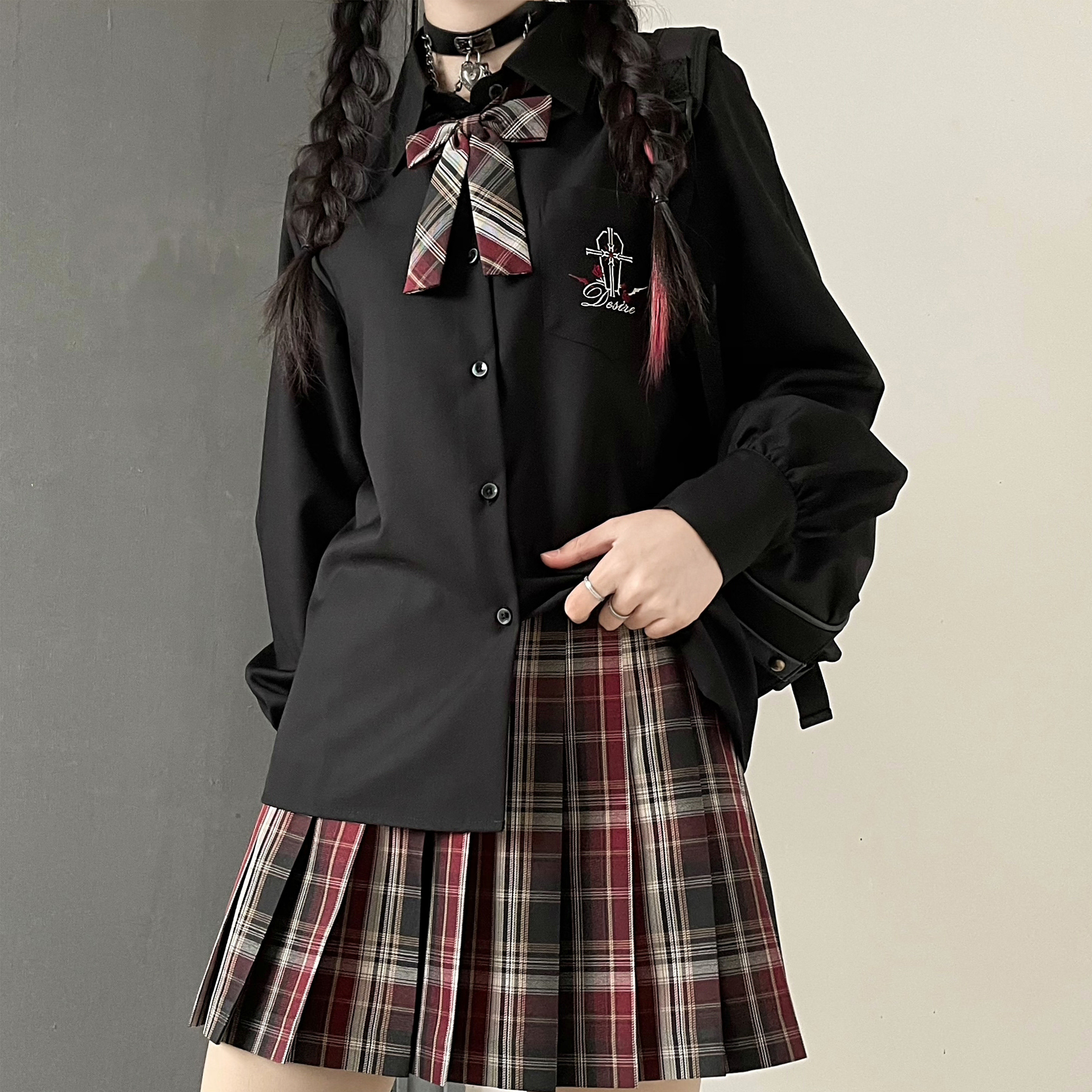 jk木禾衬衫原创刺绣黑色长袖春夏宽松直筒日衬衫