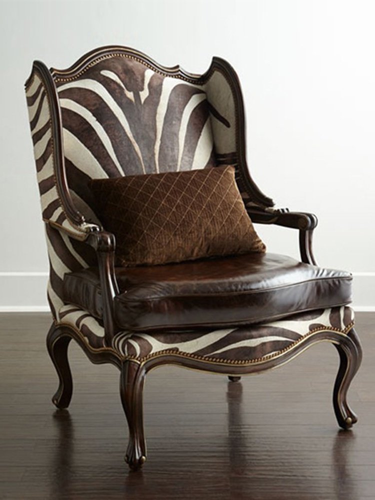 老虎美式斑马纹皮布艺单人沙发客厅复古古高沙发椅