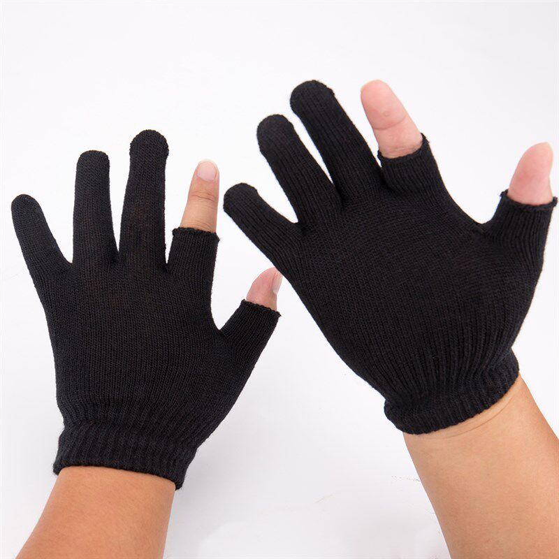 针织纯色半指手套男女士黑色露指手e套学生保暖手套冬加绒无指漏