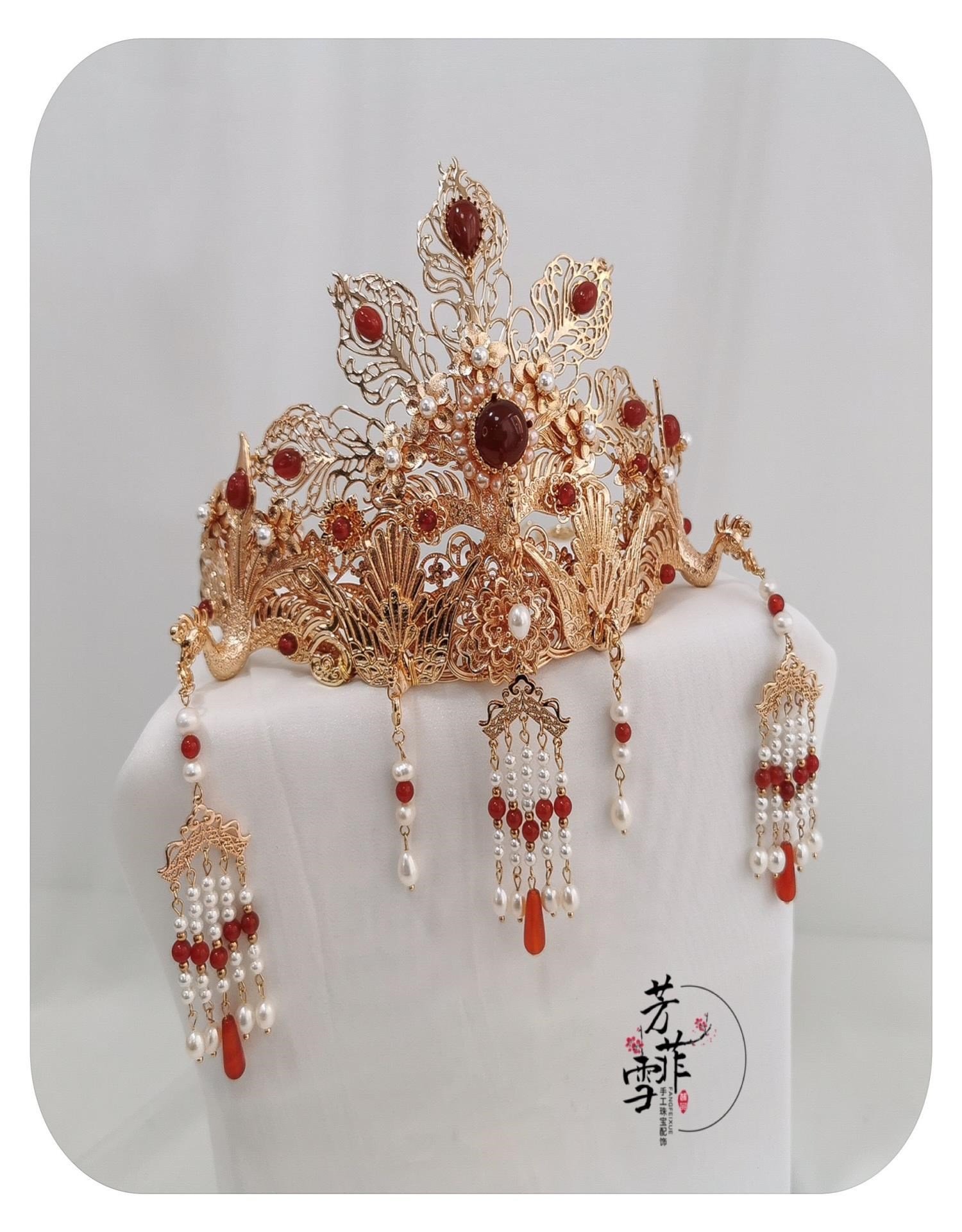 凤手菲明制头冠珍朝服饰嫁装汉鸟发工百挑牌珠雪苏流婚套芳