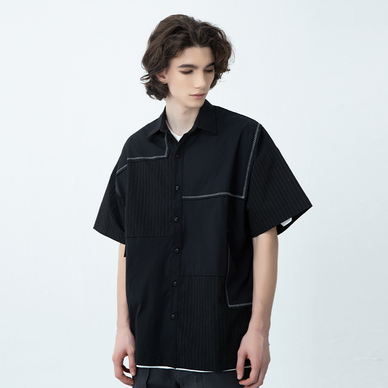 新因素新款线形格设计感小众潮流日系复古短袖衬衫宽松潮牌嘻哈风