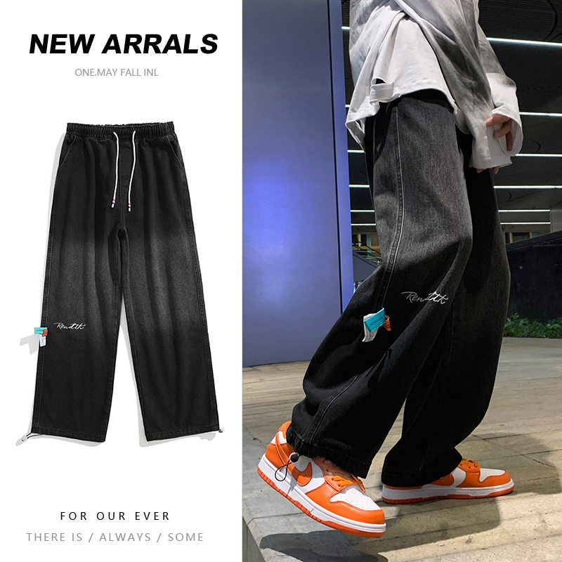 秋季韩版刺绣贴标直筒牛仔裤男生百搭潮流ins高街裤子宽松阔腿裤