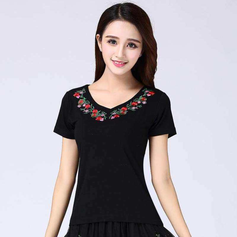 跳舞广场舞服装短袖上衣绣花民族风练功舞蹈服女广场舞上装