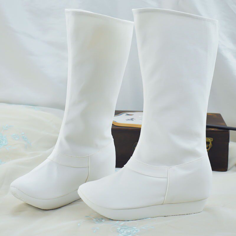 汉谷皎月汉服子女白色长靴平跟古装弹力靴