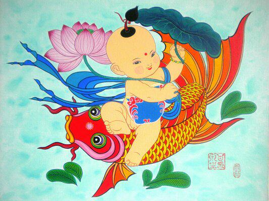 骑鲤福娃连年有余年画加厚云母宣纸打印线稿diy