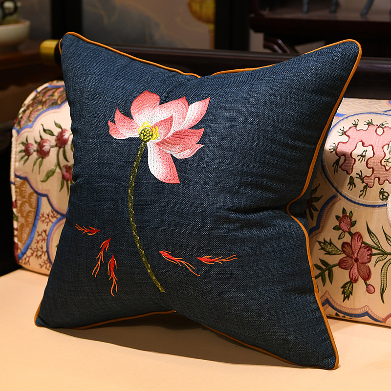 枕含国风荷花枕套刺绣靠垫大中扶手新扶手抱枕靠垫
