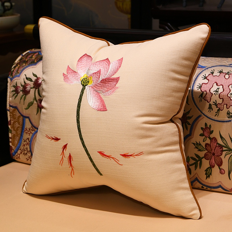 枕含国风荷花枕套刺绣靠垫大中扶手新扶手抱枕靠垫