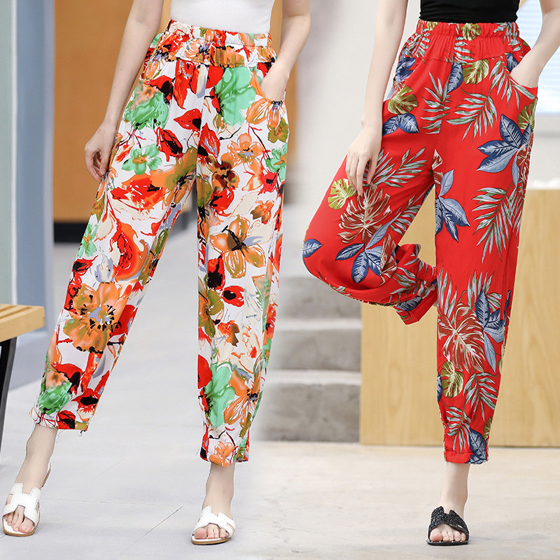 夏季妈妈纯棉绸裤子女花色睡裤中老年女装萝卜礼品袋