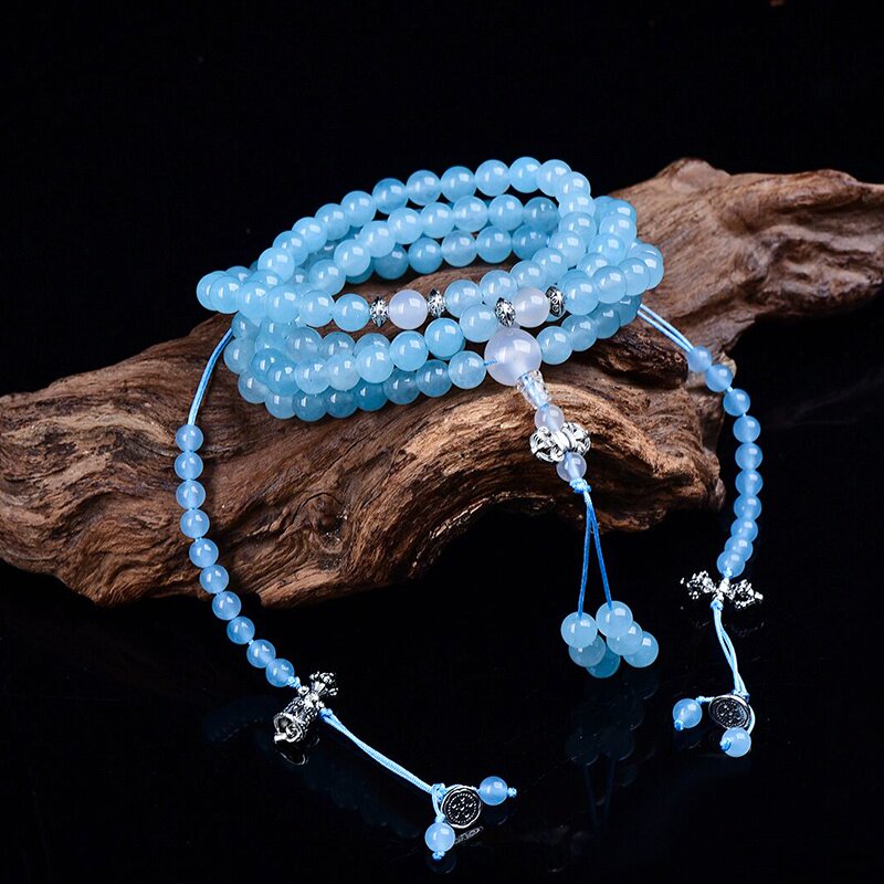 天然玉髓108颗念珠海蓝宝色玉佛珠手链流苏计数器佛珠