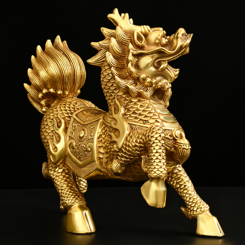 麒麟摆件一对纯铜火麒麟客厅门店桌面装饰黄铜摆件
