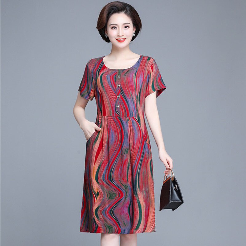 妈妈夏季中长款碎花棉绸连衣裙洋气中老年女装短袖宽松新款裙子