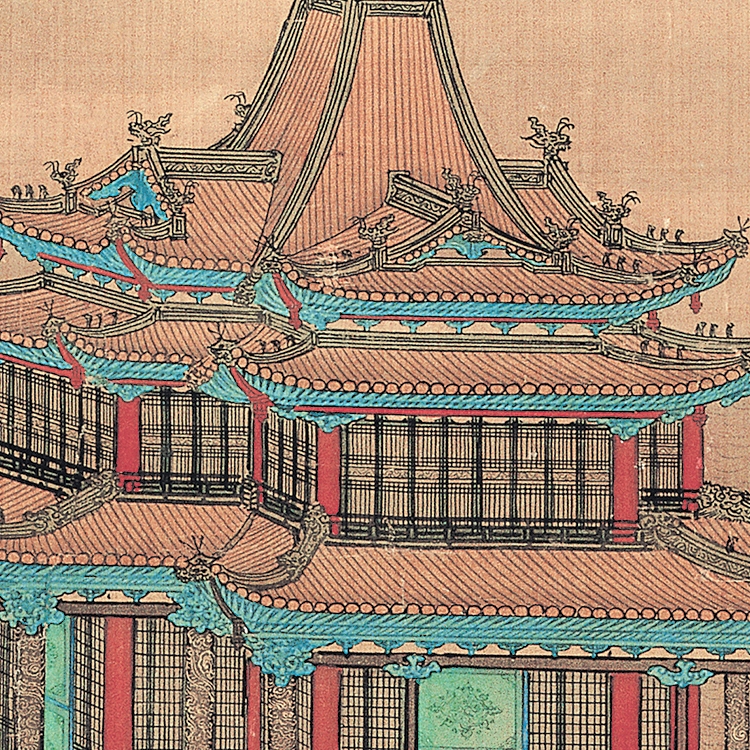 袁江阿房宫图卷亭台楼阁界画高清国画山水临摹彩色微喷画稿丝绢画
