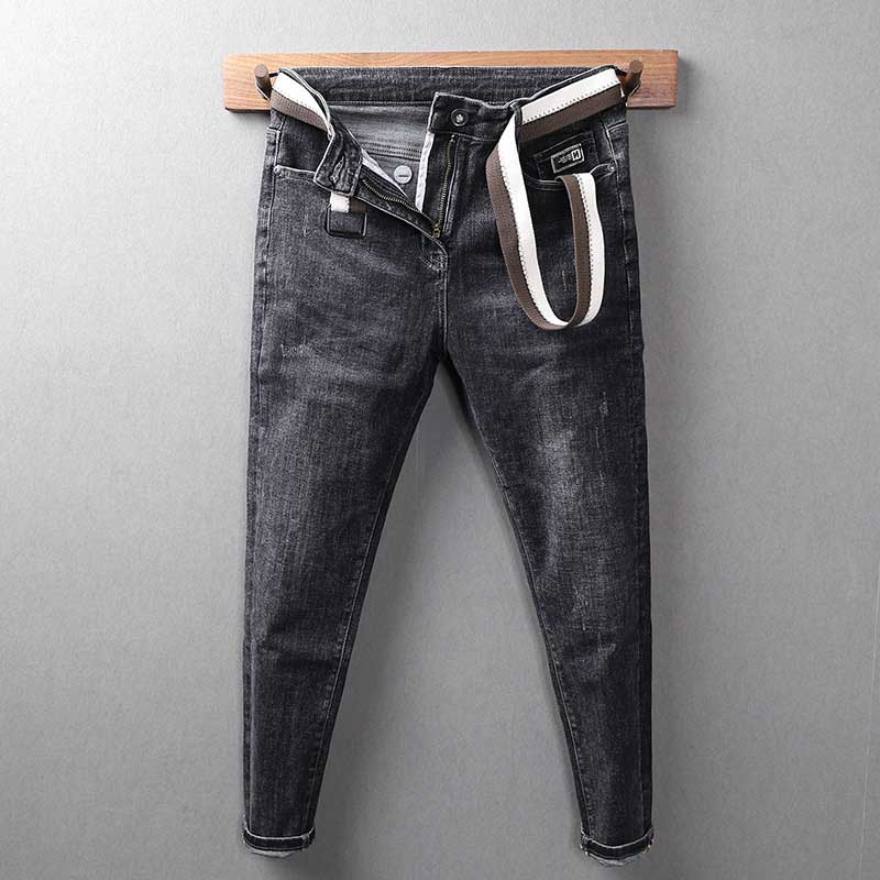 网红百搭腰带弹力小脚九分牛仔裤男士潮流精神小伙字母刺绣哈伦裤