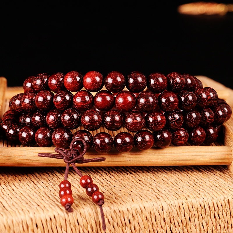 大藏禅饰藏传佛教小叶紫檀108颗佛珠手链吉祥结弹力佛珠手链