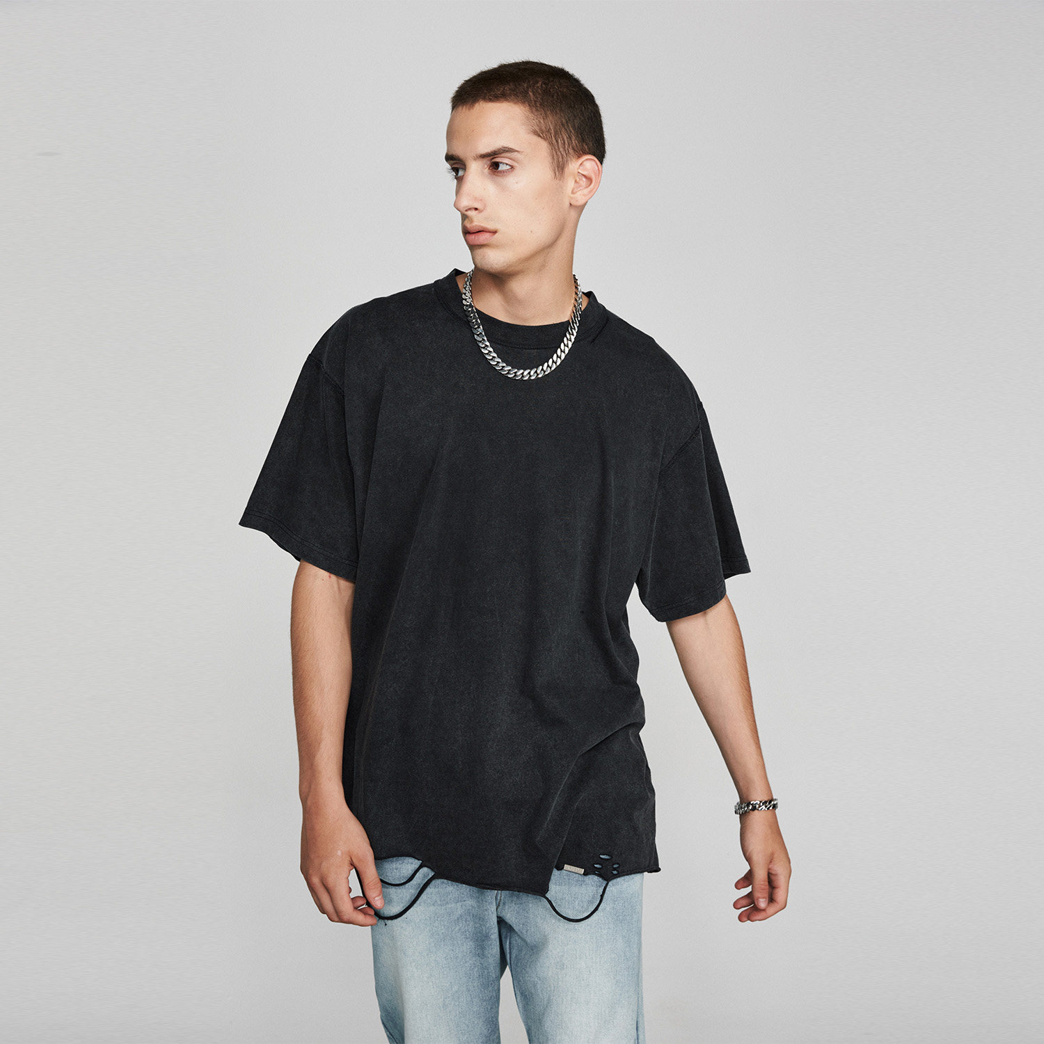 rass水洗做旧破坏短袖潮牌高街嘻哈夏季破洞t恤