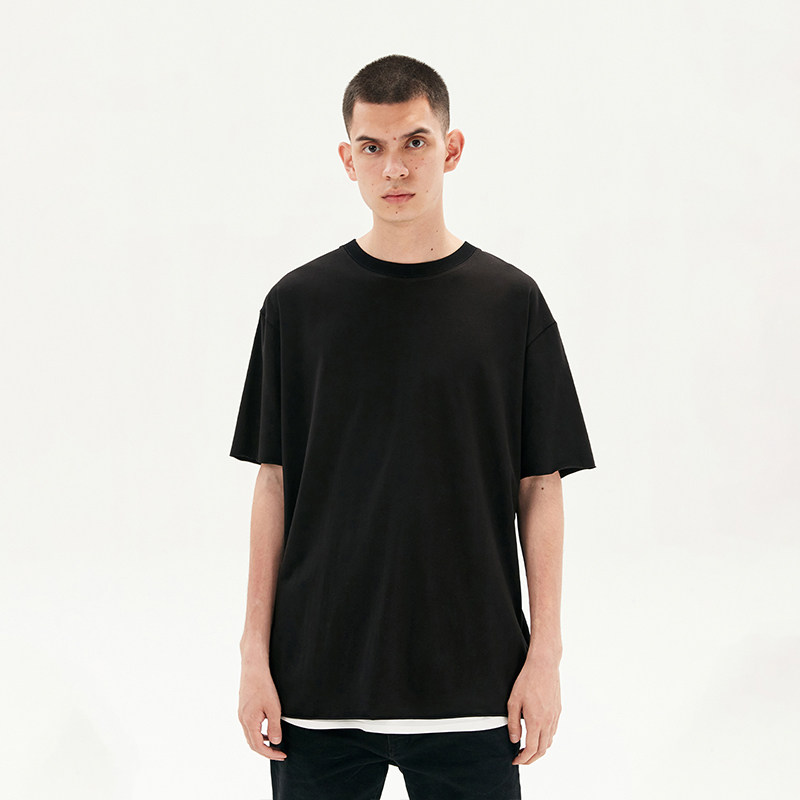 climaxvision纯色宽松下摆毛边休闲弹力短袖美式t恤