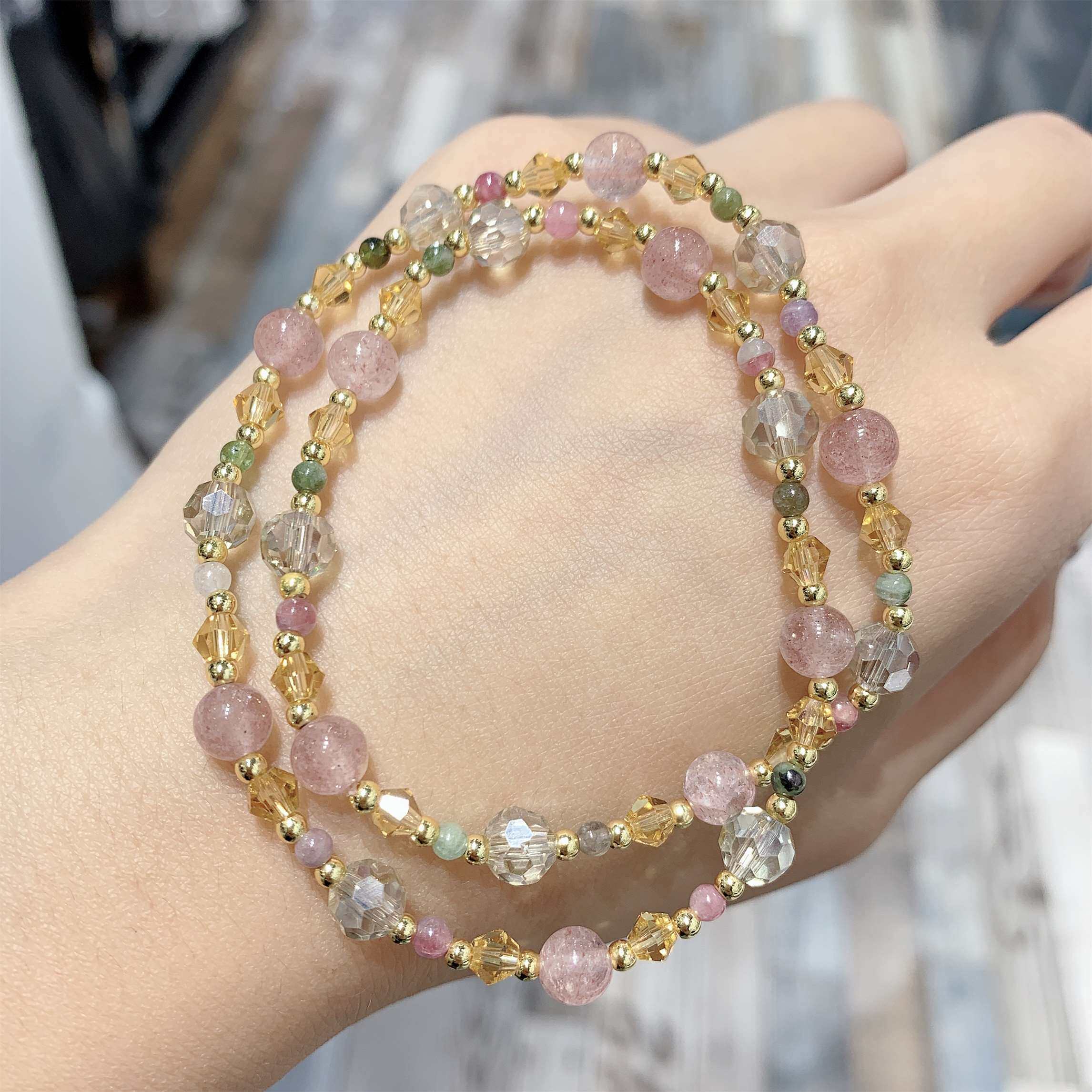 猴氏猴饰虎眼望夫石手串女双层水晶手链草莓碧玺手环手链