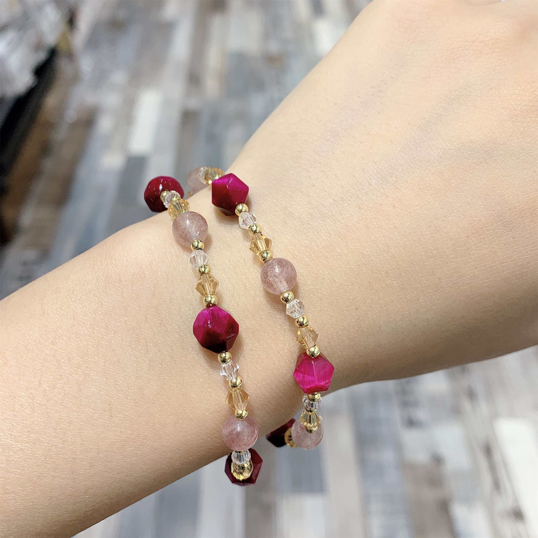 猴氏猴饰虎眼望夫石手串女双层水晶手链草莓碧玺手环手链