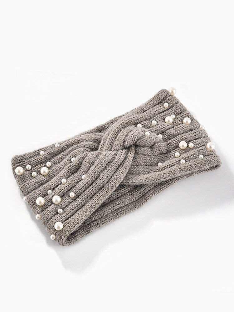 冬天港风针织毛线发带宽边白发防风发箍珍珠发饰