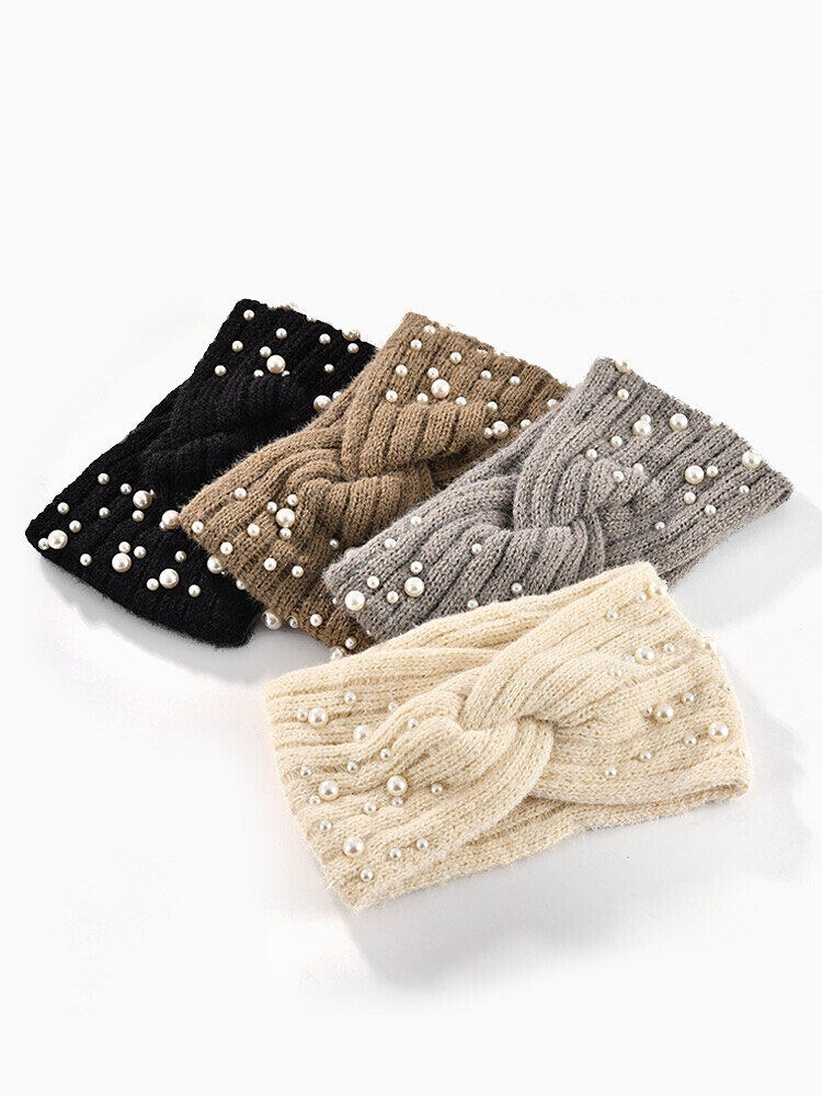 冬天港风针织毛线发带宽边白发防风发箍珍珠发饰