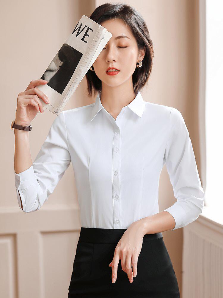 四面弹白色衬衫女职业装韩版修身工作服上班族销售春秋时尚衬衣潮