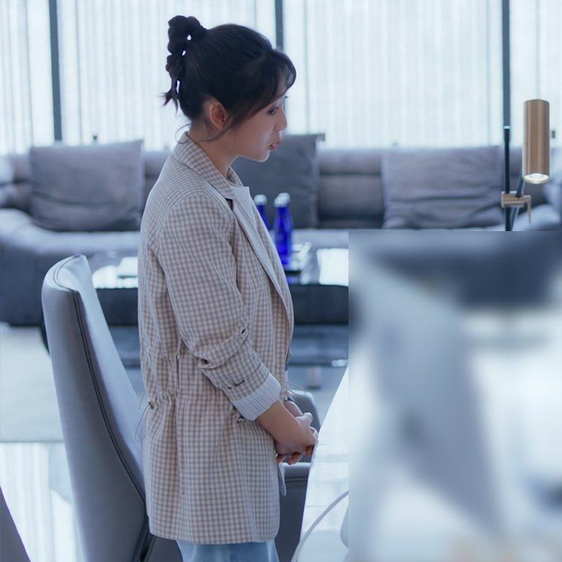 乌鸦小姐与蜥蜴先生姜小宁邢菲同款卡其色格子西装外套女私人定制