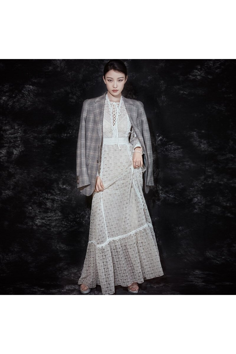 正品倪妮明星同款衣服白色蕾丝镂空花边系带收腰连衣裙礼服