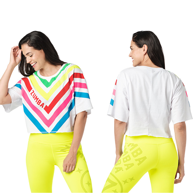新品zumbawear尊巴亮色条纹上衣高腰短袖官方旗舰店健身衣