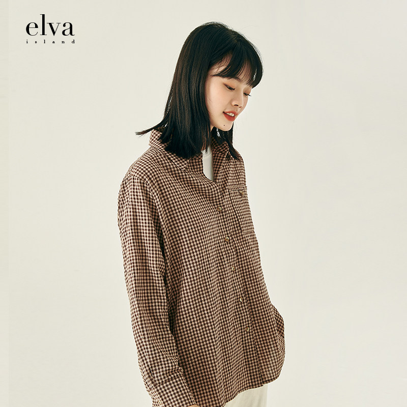 elvaisland气质格纹学院文艺减龄衬衫长袖百搭衬衫