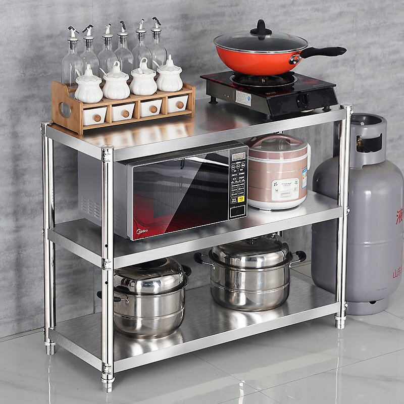 304不锈钢厨房置物架三层微波炉烤箱收j纳架多层落地储物货架定