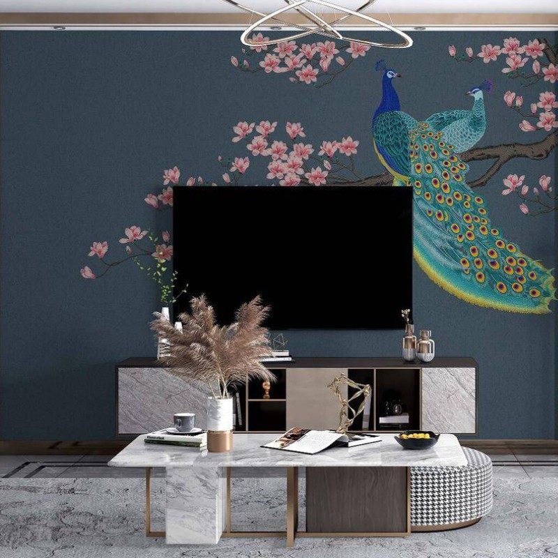 花鸟独秀墙布孔雀凤凰刺绣背景墙客厅中式风华绝代墙布